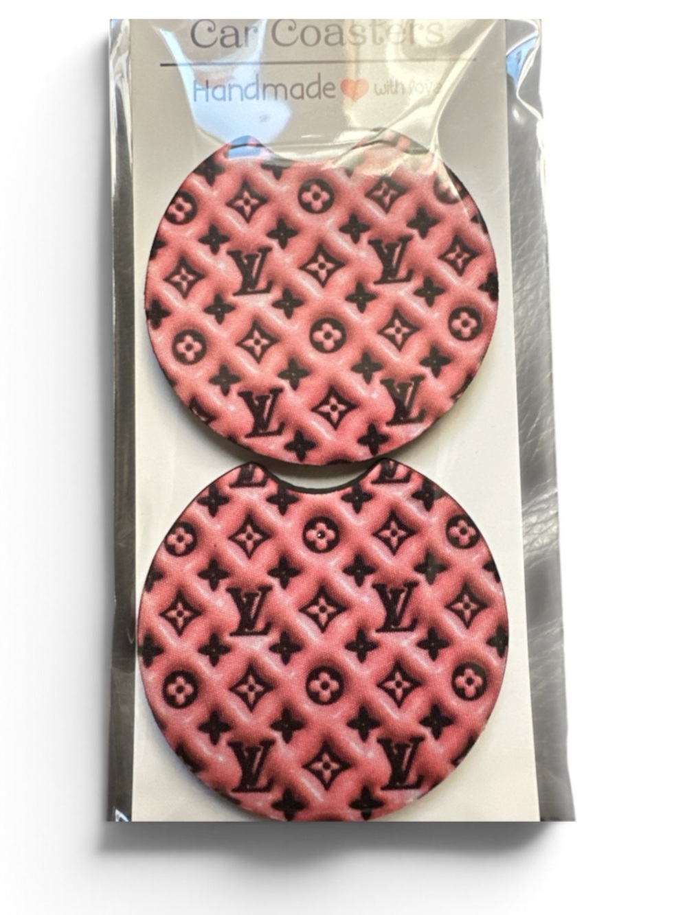 Pink Monogram Pattern Car Coaster Set